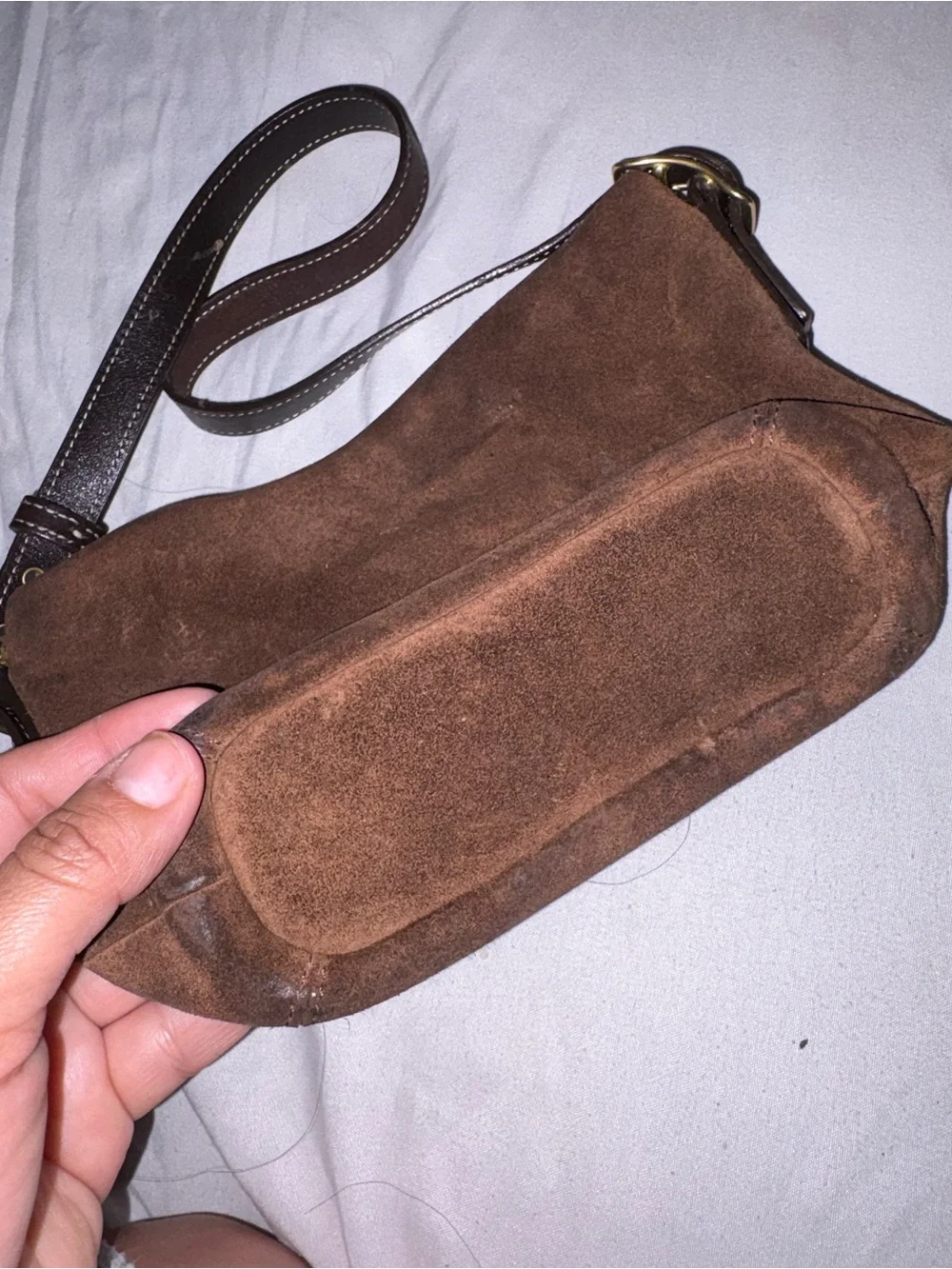 Coach Brown Suede Crossbody with Leather Strap and Gold Tag